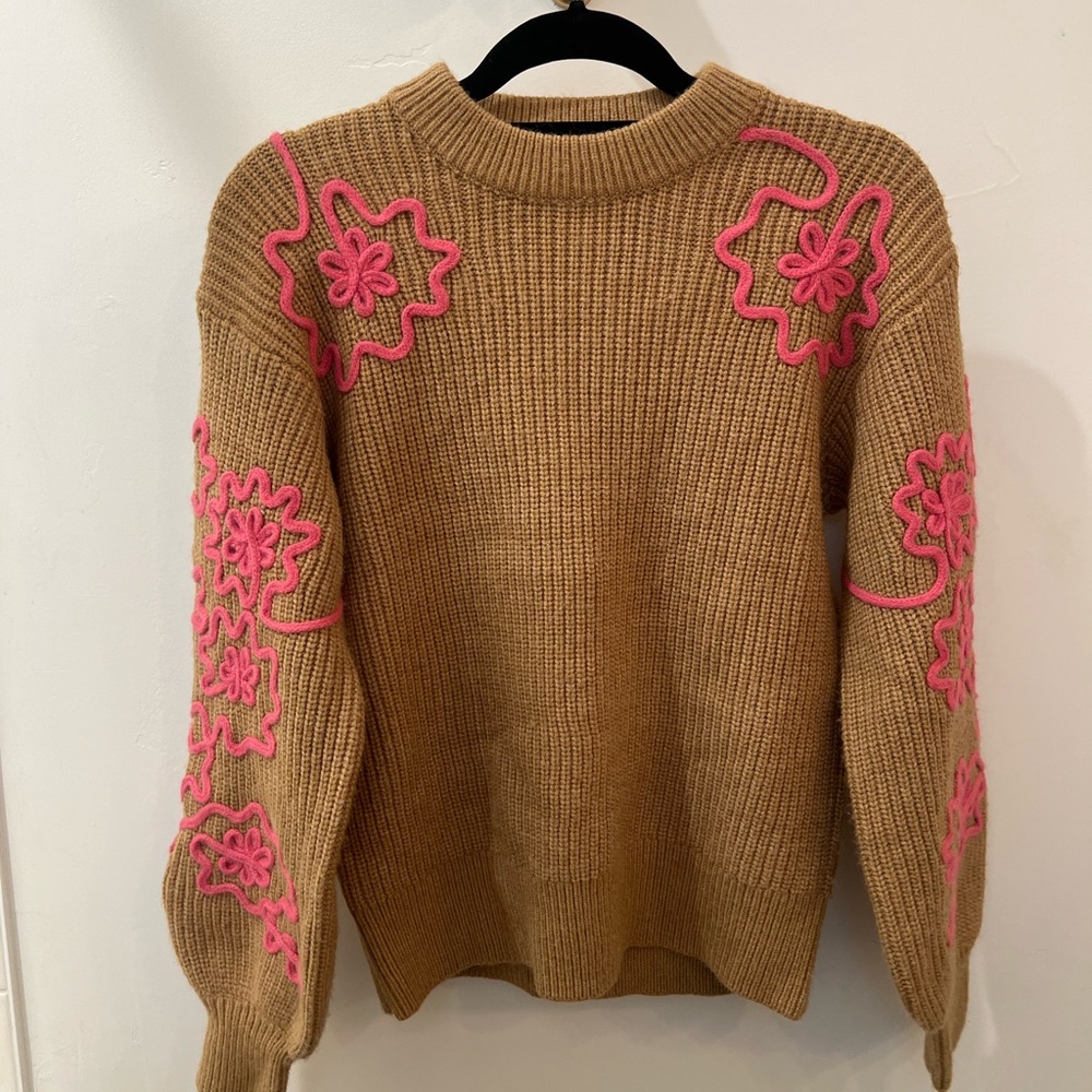 Brown Sweater with Pink Floral Accents, size XS